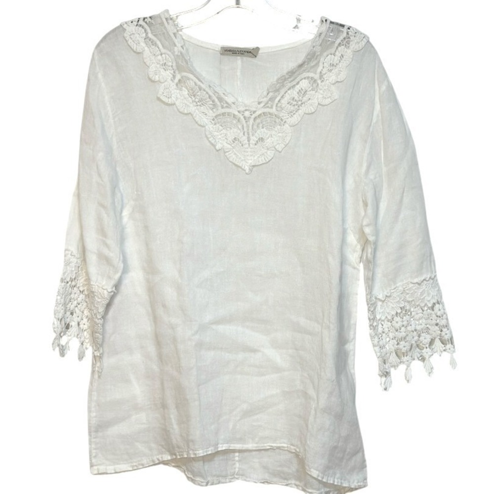 VANESSA ALEXANDRA Tunic Top White Linen Crochet Boho Resortwear Made in Italy M